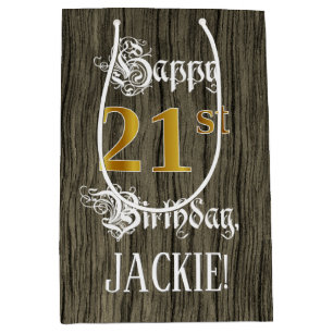 21st Birthday: Faux Gold Look & Faux Wood Pattern Medium Gift Bag