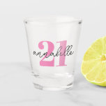 21st birthday first name shot glass<br><div class="desc">Personalized 21st birthday shot glass with pink age text and modern script name.  Colors and fonts can be changed if required.</div>