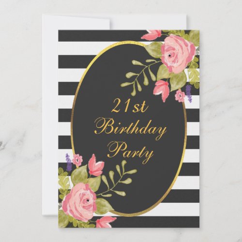 21st Birthday Floral Black White Stripes Gold Foil Invitation - Women's 21st birthday party romantic floral personalized custom invites.  A beautiful, modern invite with contemporary black and white stripes background, pretty pink watercolor flowers and elegant text in a fancy cursive font.  Classy, cute, chic, feminine, girly, ornate, double sided invites. All text is fully customizable / personalizable to suit your needs - lots of fonts & colors to choose from. These sophisticated, unique and original personalised, custom invitations are printed on both sides / have double sided printing.  If you need any assistance customizing your product please contact me through my store and I will be happy to help.   PLEASE NOTE: This is a flat printed image - not real gold foil.
