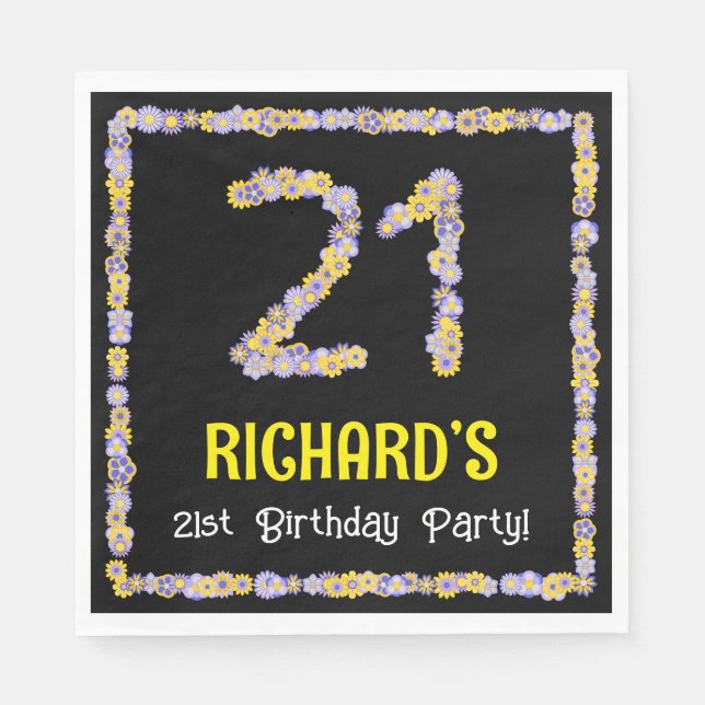 21st Birthday: Floral Flowers Number, Custom Name Napkins (Front)