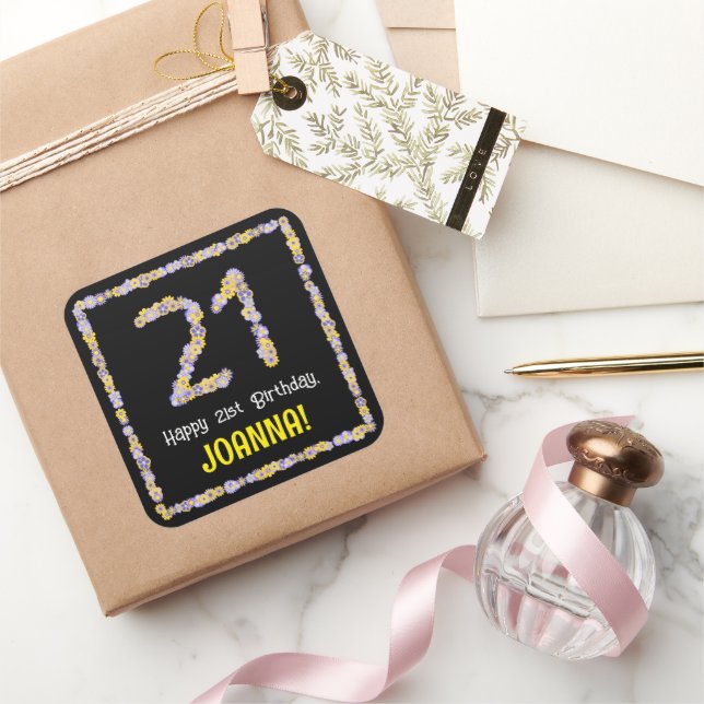21st Birthday: Floral Flowers Number, Custom Name Square Sticker (Gifting)