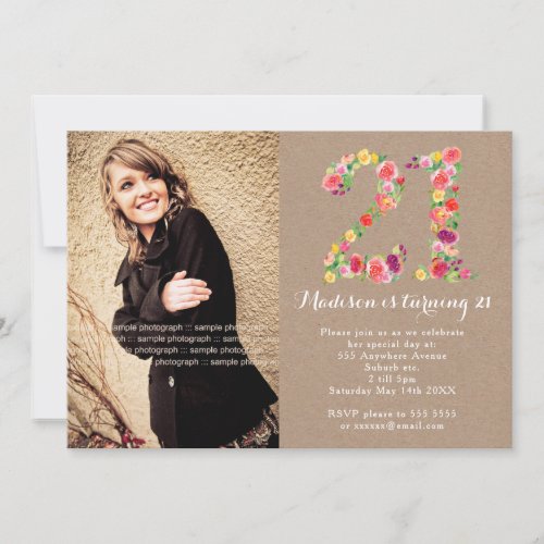 21st Birthday Floral Girls Party Photo Invitation