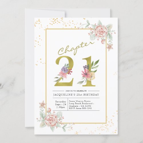21st Birthday Floral Gold Script Invitation