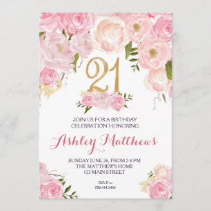 21st birthday Floral Invitation, Invitation