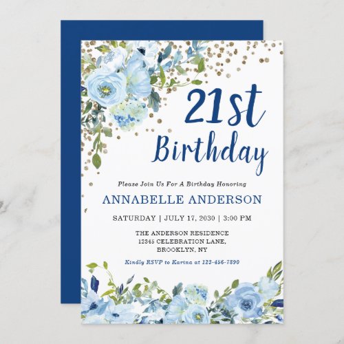 21st Birthday Floral Navy Blue Gold Glitter Dots Invitation