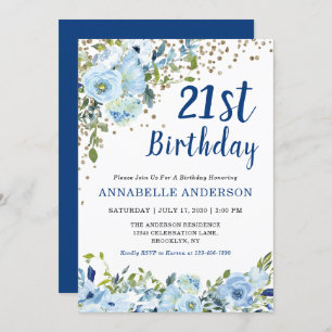 21st Birthday Floral Navy Blue Gold Glitter Dots Invitation