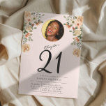 21st Birthday Floral Photo Party Invitation<br><div class="desc">Sophisticated and elegant script birthday invitation in blush pink. A unique design with the party details and photo of the celebrant. Easily edited for that special day.</div>