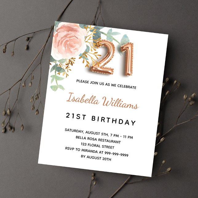 21st birthday floral rose gold budget invitation flyer (Creator Uploaded)