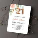 21st birthday floral rose gold eucalyptus greenery invitation<br><div class="desc">An elegant invitation for a 21st birthday party. A chic white background. Decorated with a rose gold and blush pink watercolored rose flower, floral, green eucalyptus leaves, sprigs, greenery and faux gold sprigs. Personalize and the name and party details. Black and golden letters. The name is written with a modern...</div>