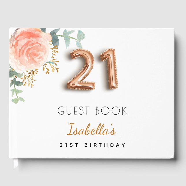 21st birthday floral rose gold eucalyptus monogram guest book (Front)