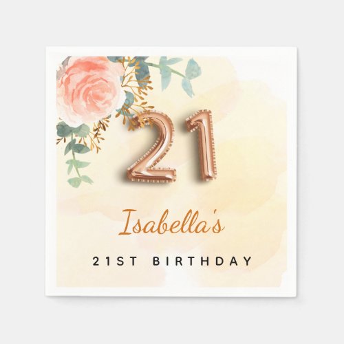 21st birthday floral rose gold eucalyptus monogram napkins