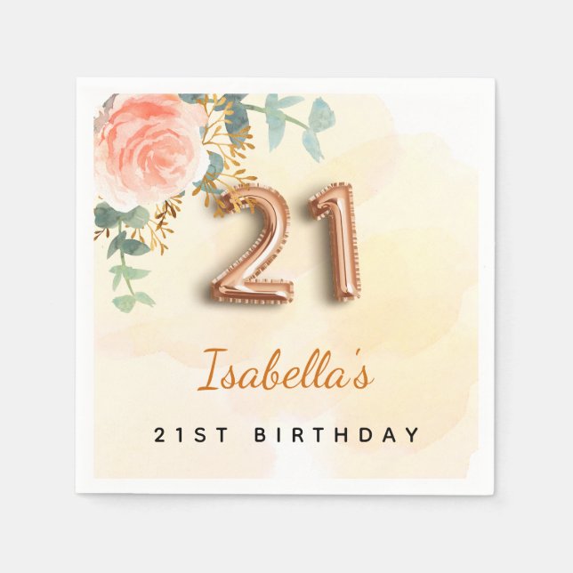 21st birthday floral rose gold eucalyptus monogram napkins (Front)