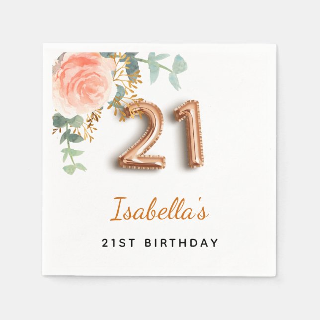 21st birthday floral rose gold eucalyptus monogram napkins (Front)