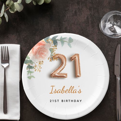 21st birthday floral rose gold eucalyptus monogram paper plates