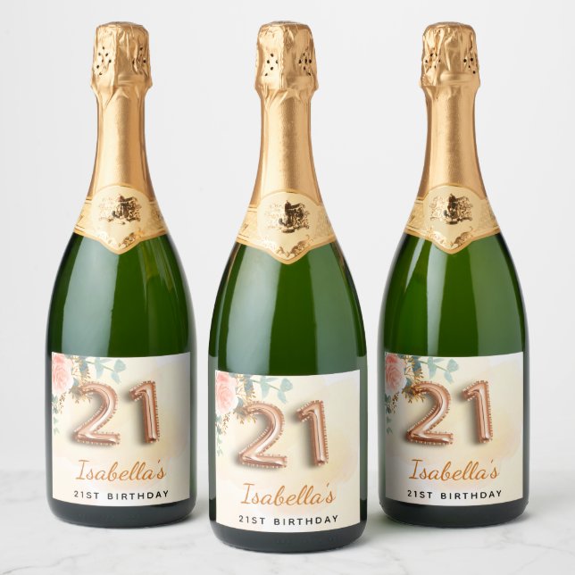 21st birthday floral rose gold eucalyptus monogram sparkling wine label (Bottles)