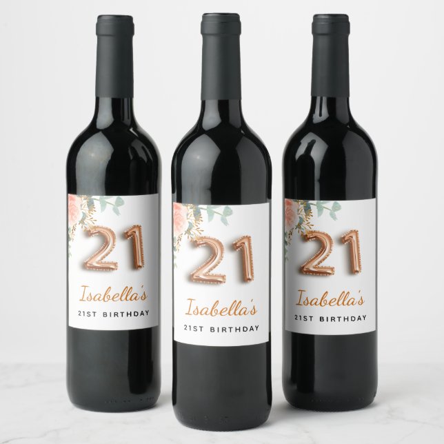 21st birthday floral rose gold eucalyptus monogram wine label (Bottles)