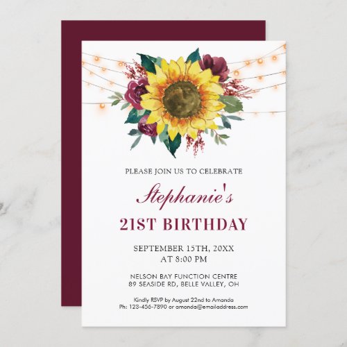 21st Birthday Floral Sunflower String Lights Invitation