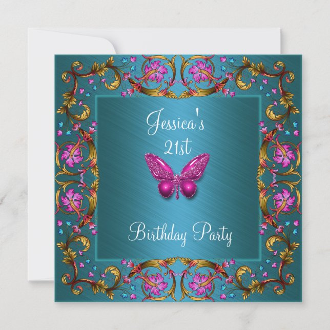21st Birthday Floral Teal Blue Pink Butterfly Invitation (Front)
