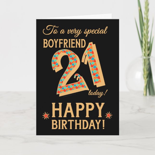 21st Birthday, for Boyfriend, Gold Effect on Black Card (Front)