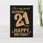21st Birthday, for Boyfriend, Gold Effect on Black Card<br><div class="desc">A chic 21st Birthday Card for a very special Boyfriend, with the number, 21, in a bright mosaic pattern with a gold-effect outline and all the text in gold-effect lettering (ie not metallic paint). A bright red and gold-effect star is beside the 'Happy Birthday' on this striking digital design by...</div>