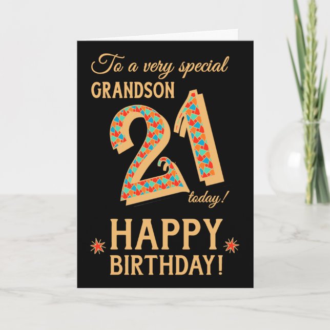 21st Birthday, for Grandson, Gold Effect on Black Card (Front)