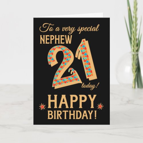 21st Birthday for Nephew Gold Effect on Black Card