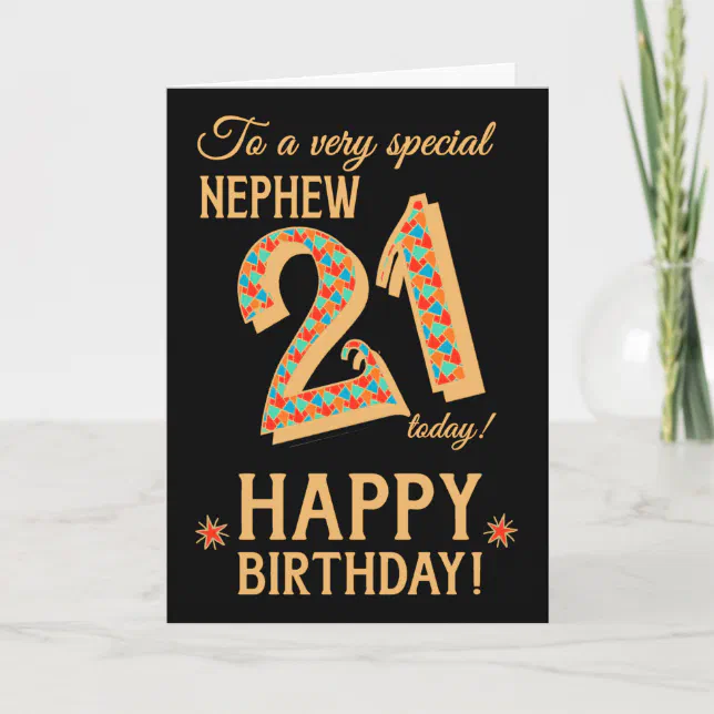 21st Birthday, for Nephew, Gold Effect on Black Card | Zazzle