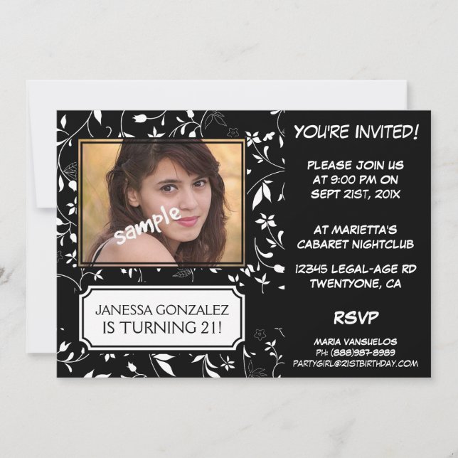 21st Birthday for Young Lady BW Floral with Photo Invitation (Front)