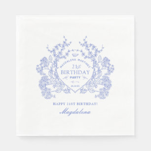 21st Birthday French Blue Floral Crest Custom Napkins