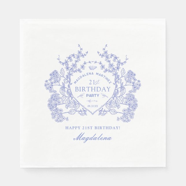 21st Birthday French Blue Floral Crest Custom Napkins (Front)