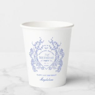 21st Birthday French Blue Floral Crest Custom Paper Cups