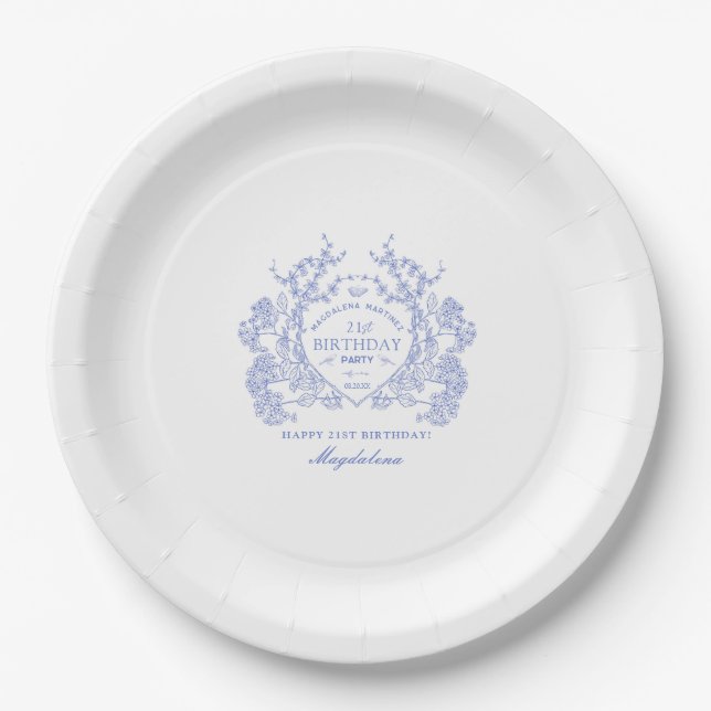 21st Birthday French Blue Floral Crest Custom Paper Plates (Front)