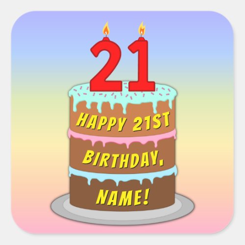 21st Birthday Fun Cake and Candles  Custom Name Square Sticker