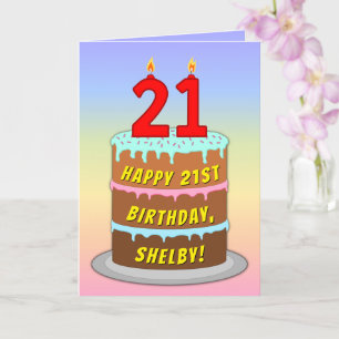 21st Birthday — Fun Cake & Candles, w/ Custom Name Card