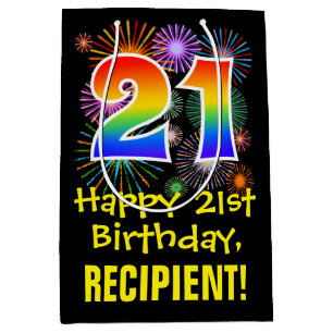 21st Birthday: Fun Fireworks Pattern + Rainbow 21 Medium Gift Bag