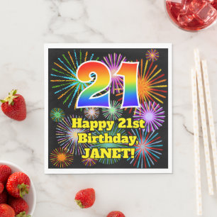 21st Birthday: Fun Fireworks Pattern + Rainbow 21 Napkins
