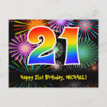[ Thumbnail: 21st Birthday – Fun Fireworks Pattern + Rainbow 21 Postcard ]