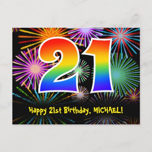 21st Birthday  Fun Fireworks Pattern  Rainbow 21 Postcard