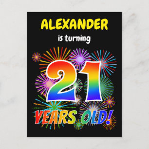 21st Birthday - Fun Fireworks, Rainbow Look "21" Postcard