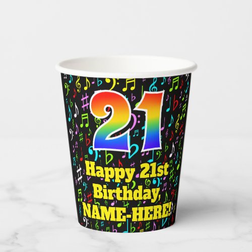 21st Birthday Fun Music Notes Pattern Rainbow 21 Paper Cups