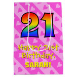 [ Thumbnail: 21st Birthday: Fun Pink Hearts Stripes; Rainbow 21 Gift Bag ]