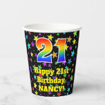 [ Thumbnail: 21st Birthday: Fun Stars Pattern and Rainbow 21 Paper Cups ]