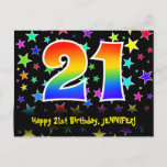 [ Thumbnail: 21st Birthday: Fun Stars Pattern, Rainbow 21, Name Postcard ]