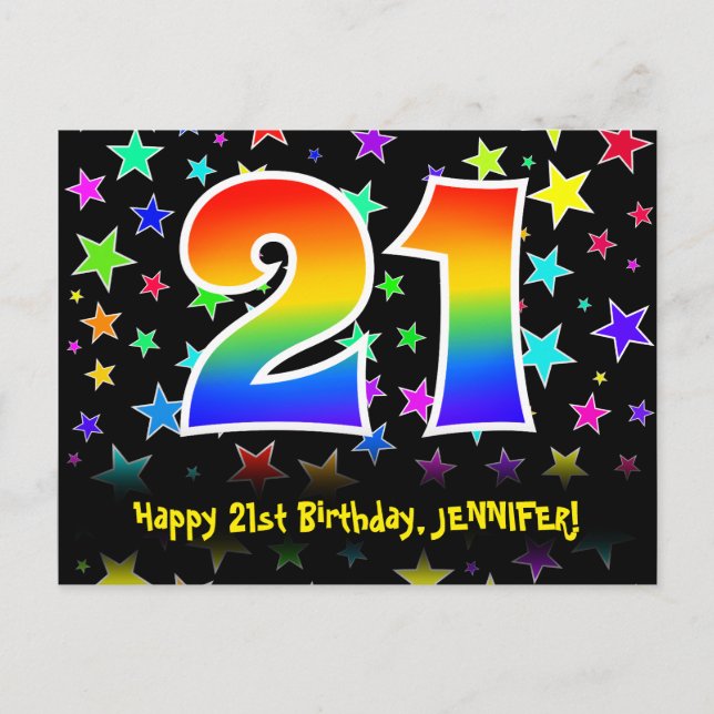21st Birthday: Fun Stars Pattern, Rainbow 21, Name Postcard (Front)