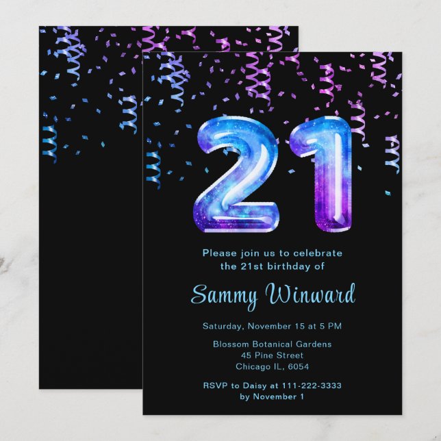 21st Birthday Galaxy Balloons with Confetti Invitation (Front/Back)