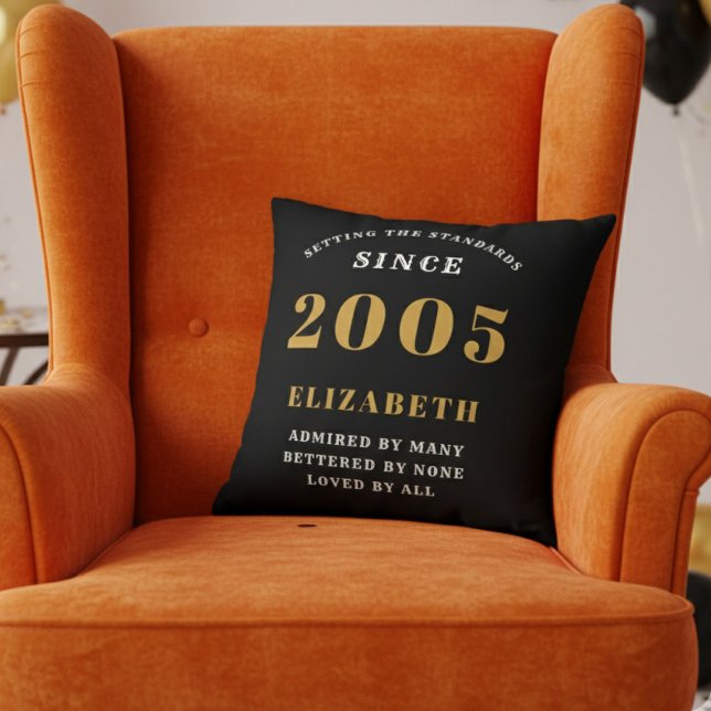 21st Birthday Gift Personalized 2005 Black Gold Throw Pillow (2005 throw pillow in an orange chair)