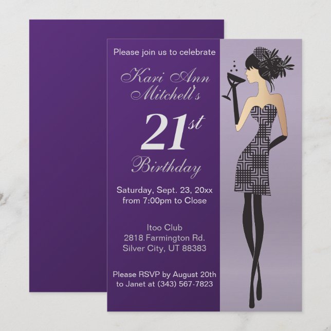 21st Birthday Girl Bash Party - Purple Invitation (Front/Back)