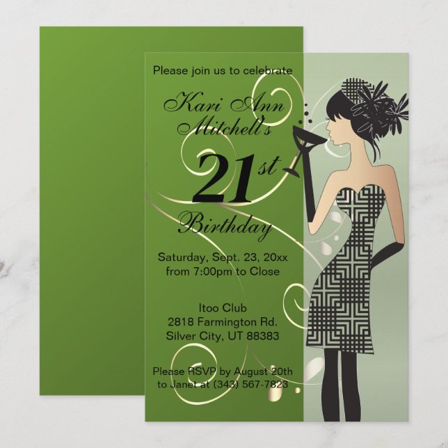 21st Birthday Girl Party Bash - Green Invitation (Front/Back)
