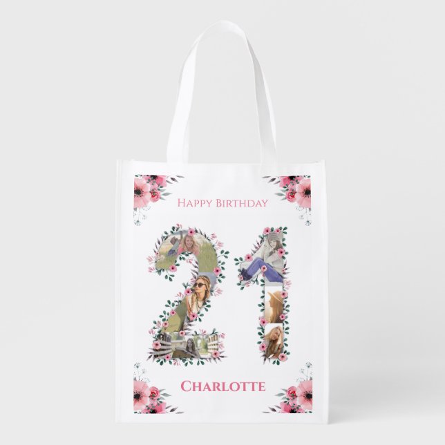 21st Birthday Girl Photo Collage Pink Flower White Grocery Bag (Front)
