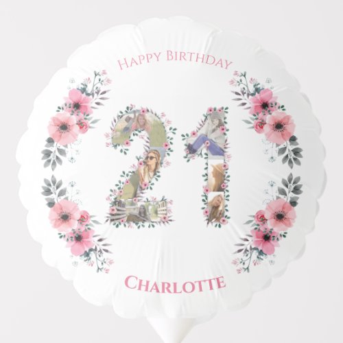 21st Birthday Girl Pink Flower Photo Collage White Balloon